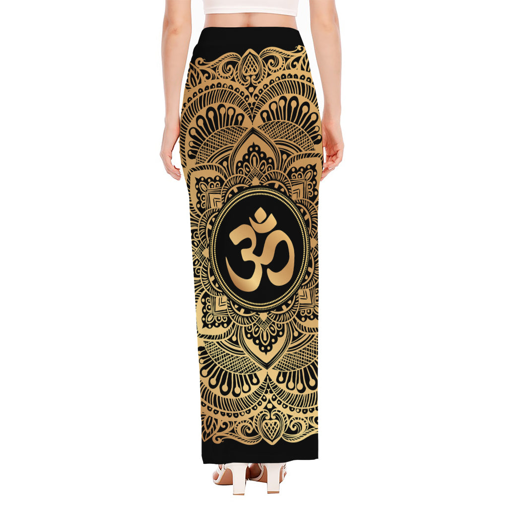 Gold Om Mandala Print High Slit Maxi Skirt