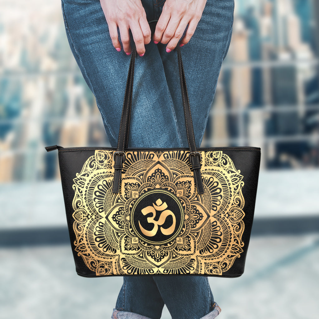 Gold Om Mandala Print Leather Tote Bag
