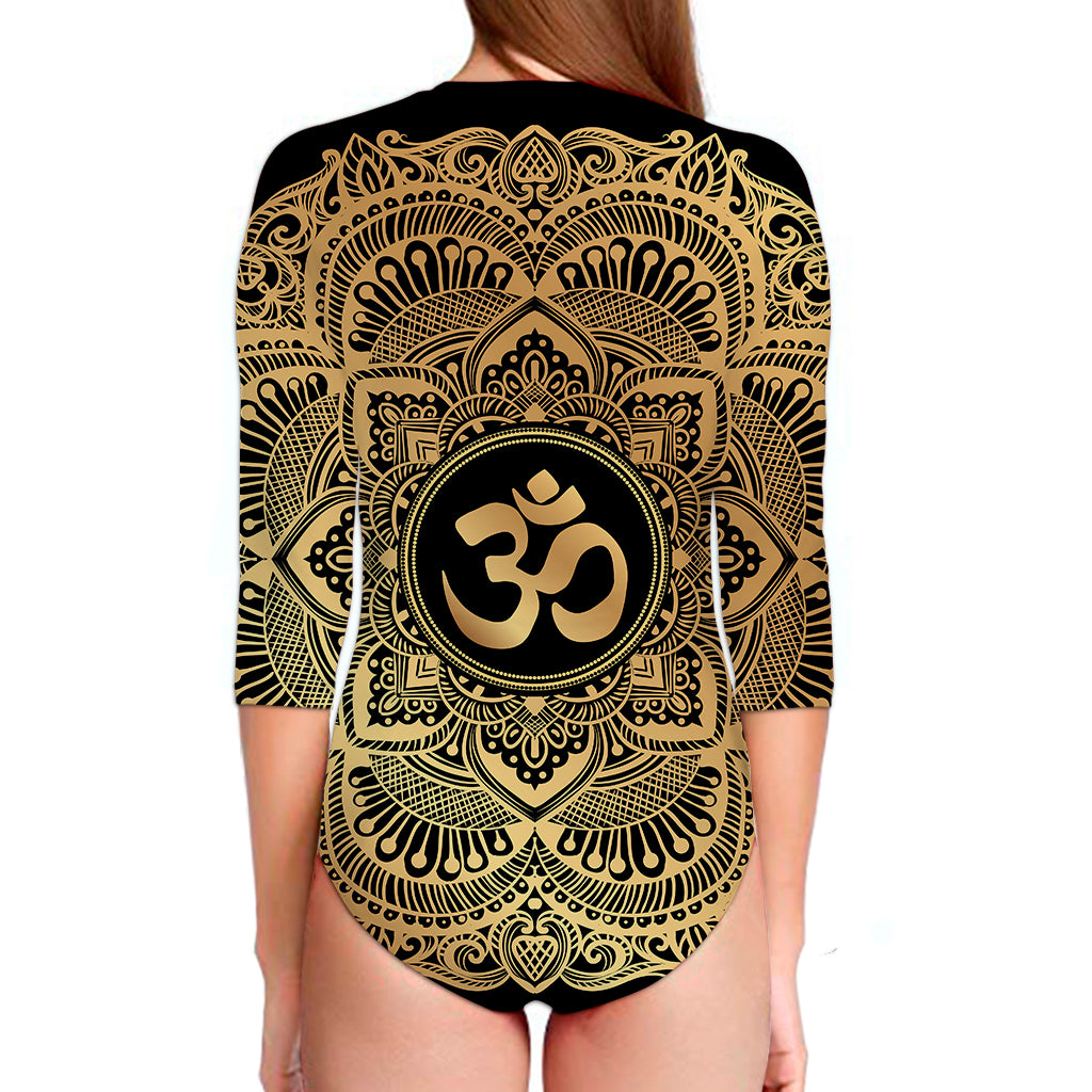 Gold Om Mandala Print Long Sleeve Swimsuit