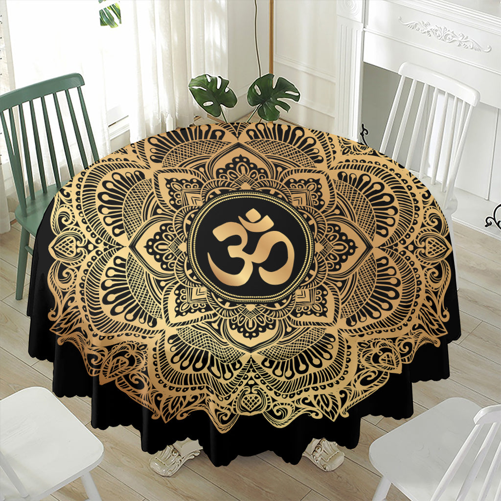 Gold Om Mandala Print Waterproof Round Tablecloth