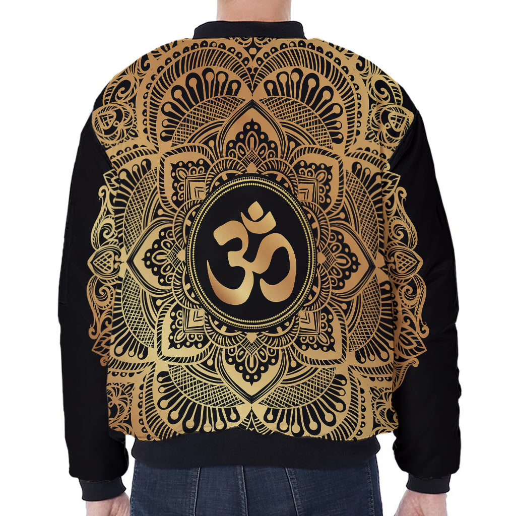 Gold Om Mandala Print Zip Sleeve Bomber Jacket