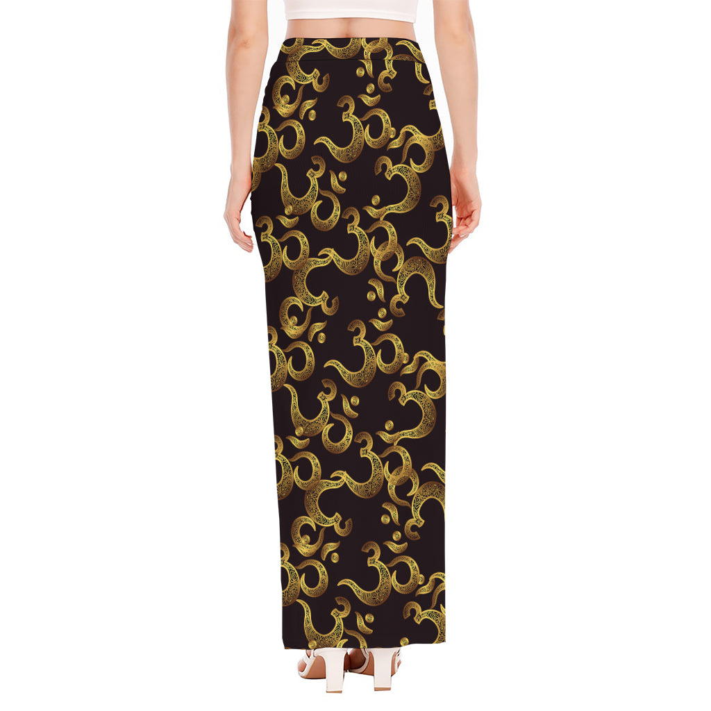 Gold Om Symbol Pattern Print High Slit Maxi Skirt