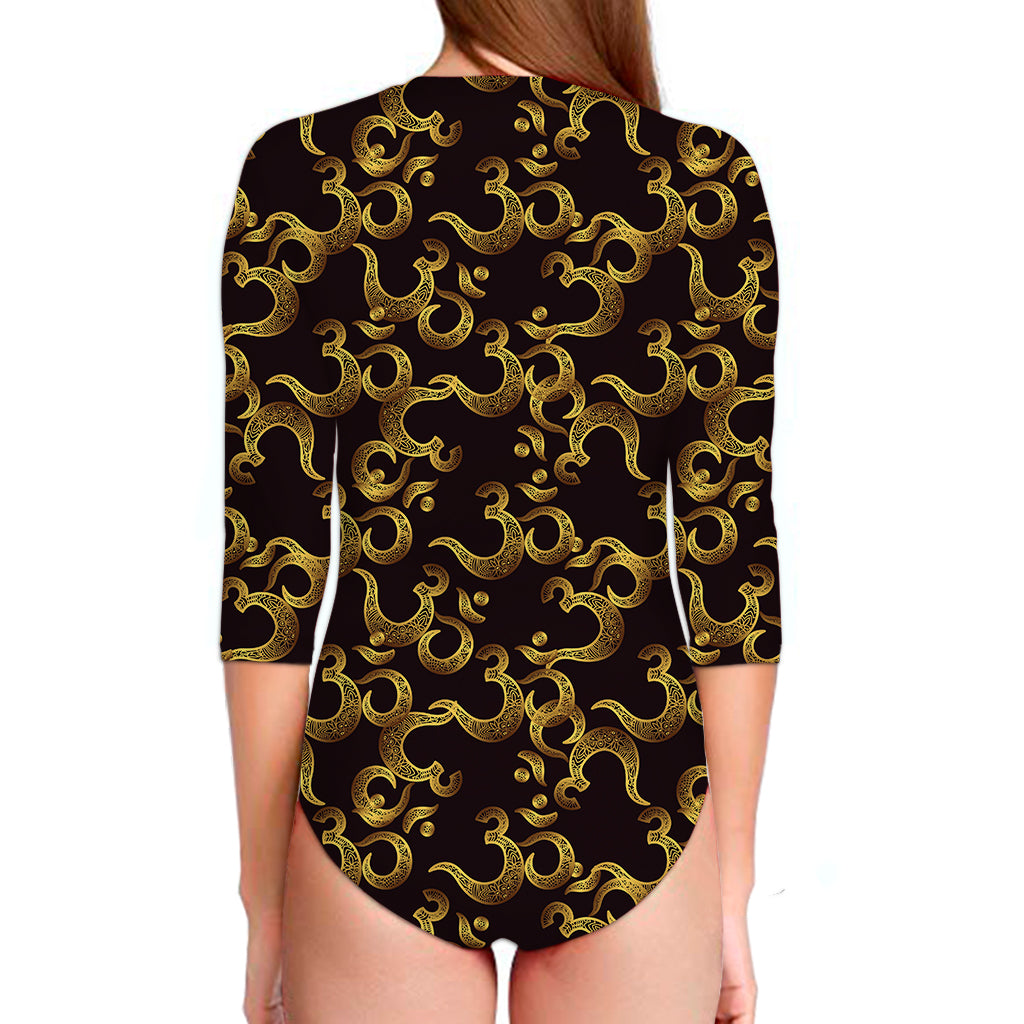 Gold Om Symbol Pattern Print Long Sleeve Swimsuit