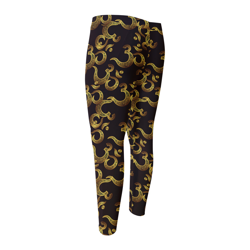 Gold Om Symbol Pattern Print Men's Compression Pants