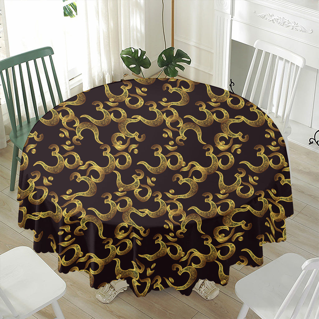 Gold Om Symbol Pattern Print Waterproof Round Tablecloth