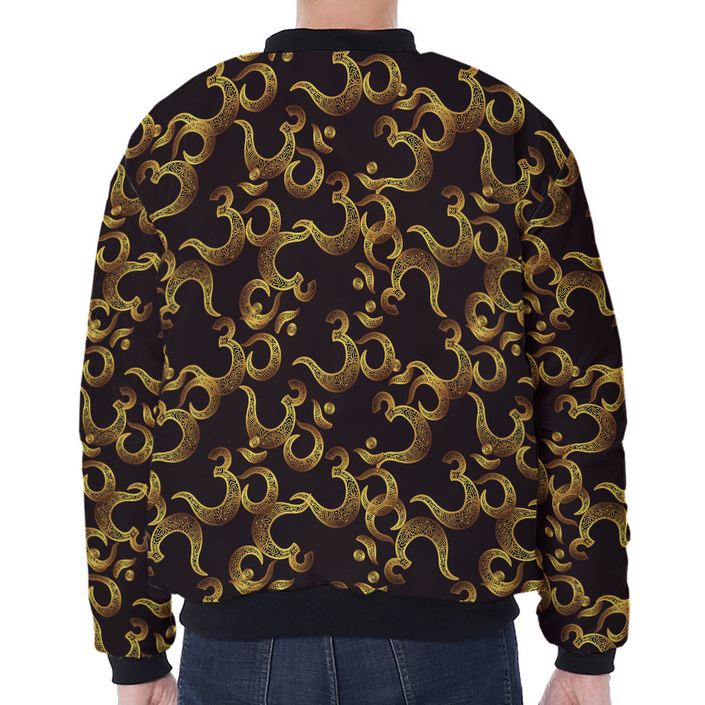 Gold Om Symbol Pattern Print Zip Sleeve Bomber Jacket