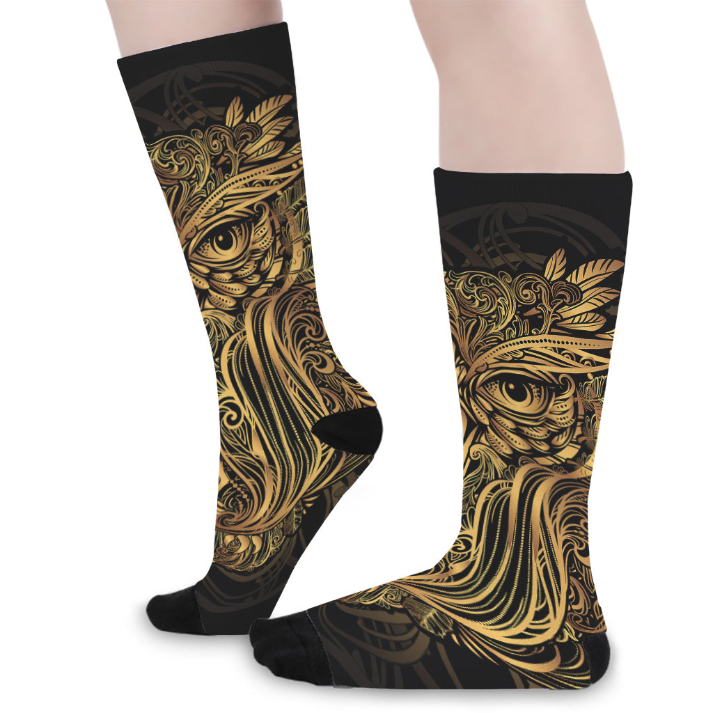 Gold Owl Spirit Print Long Socks