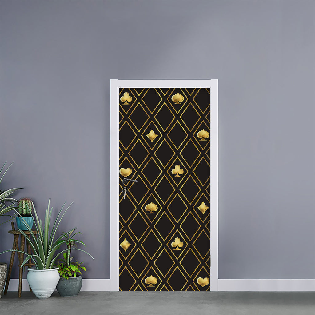 Gold Playing Card Suits Pattern Print Door Sticker