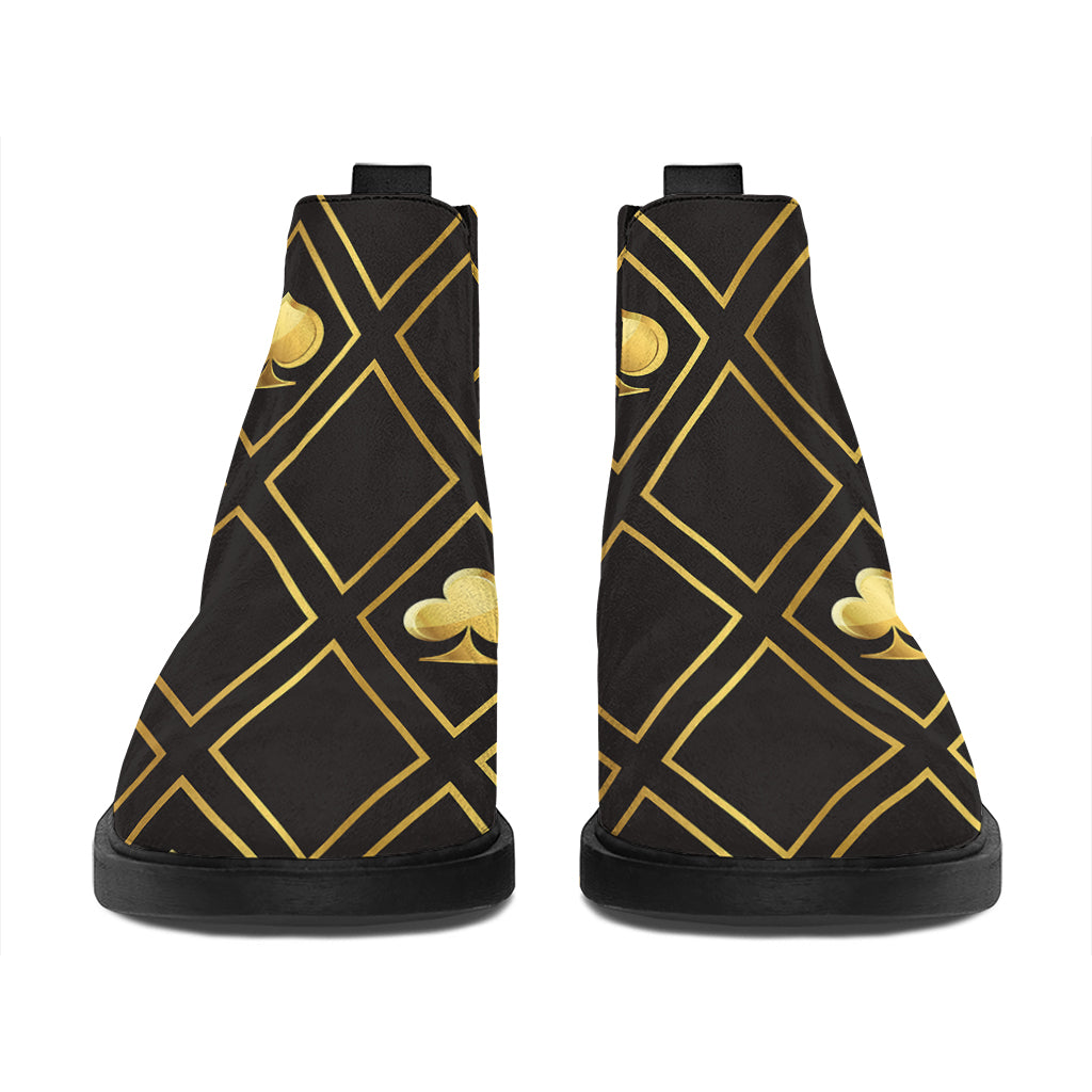 Gold Playing Card Suits Pattern Print Flat Ankle Boots