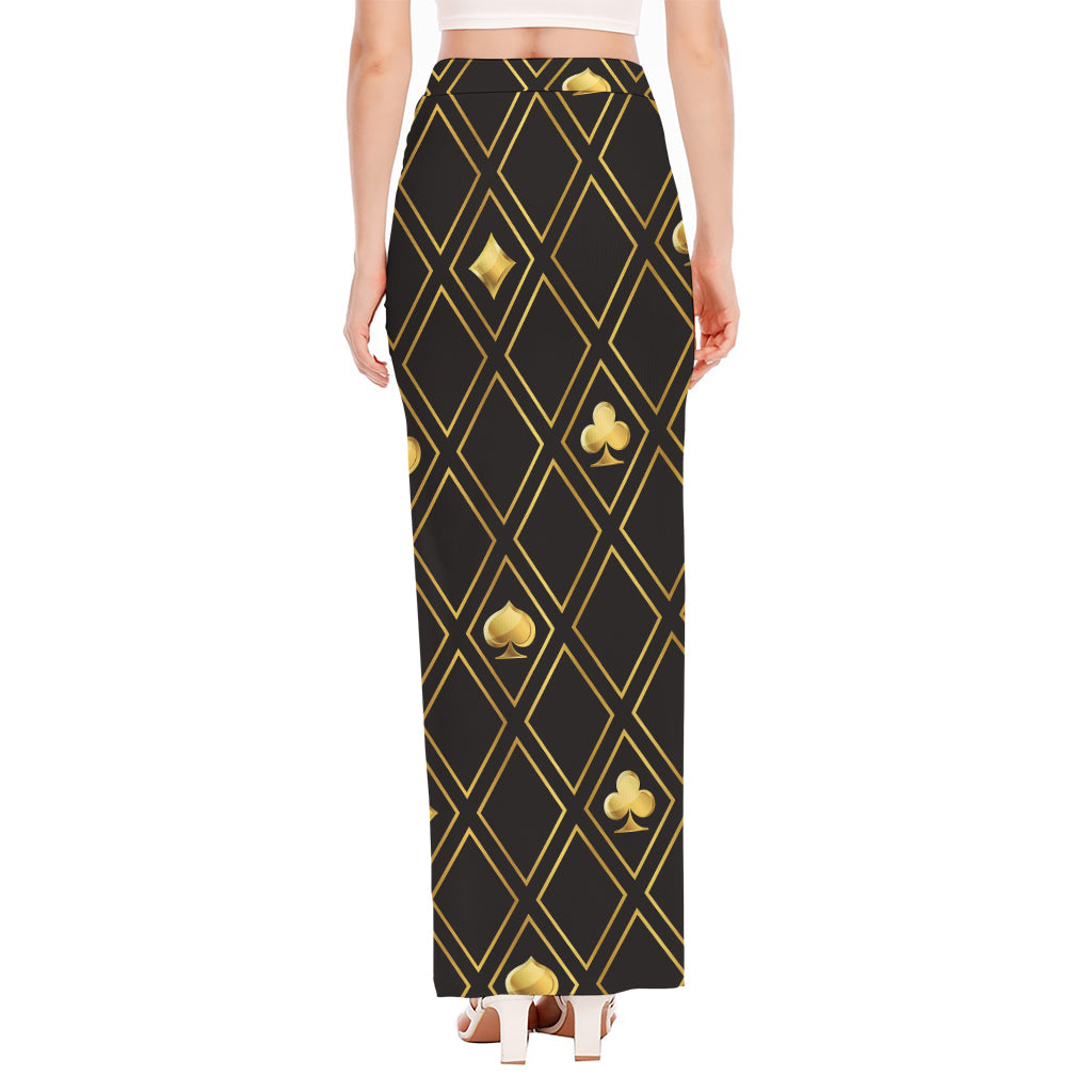 Gold Playing Card Suits Pattern Print High Slit Maxi Skirt