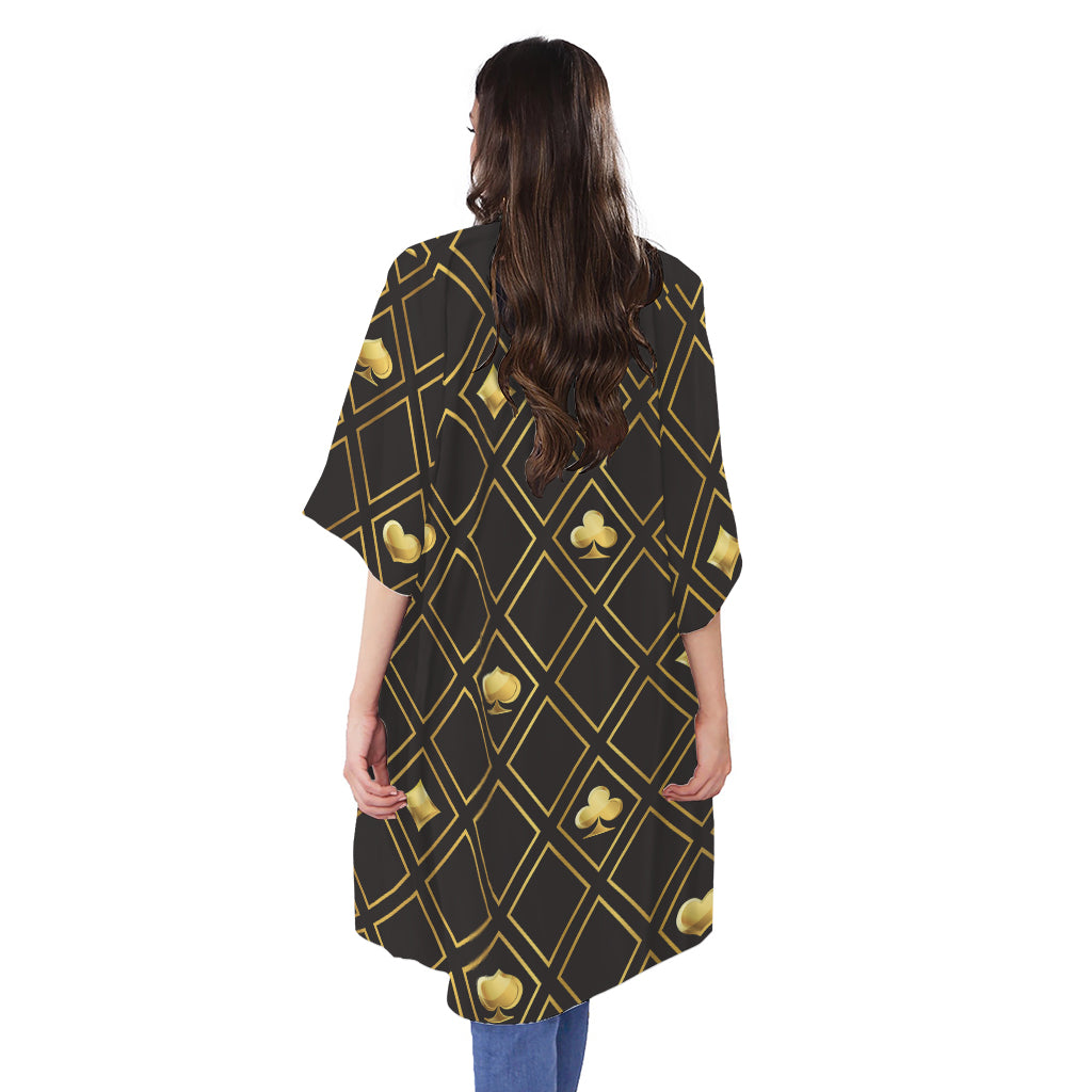 Gold Playing Card Suits Pattern Print Open Front Beach Cover Up