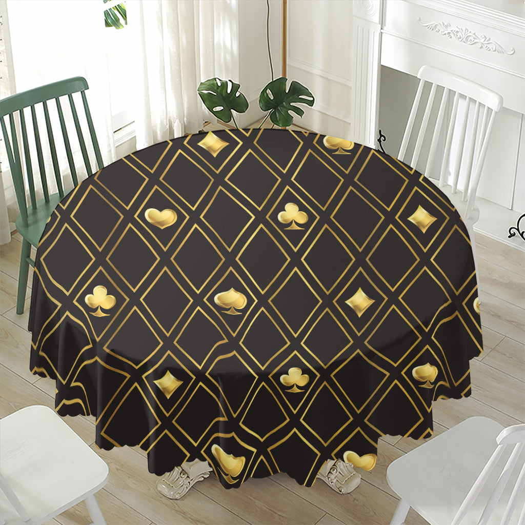 Gold Playing Card Suits Pattern Print Waterproof Round Tablecloth