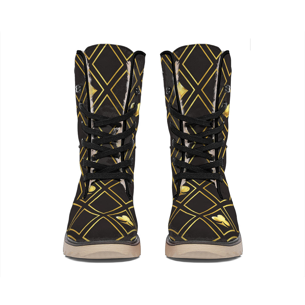 Gold Playing Card Suits Pattern Print Winter Boots
