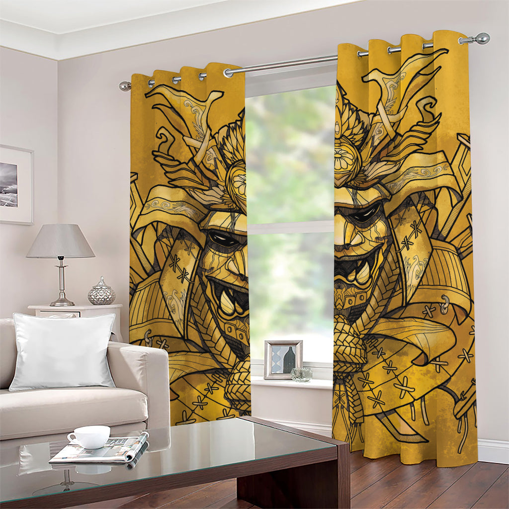 Gold Samurai Mask Print Grommet Curtains