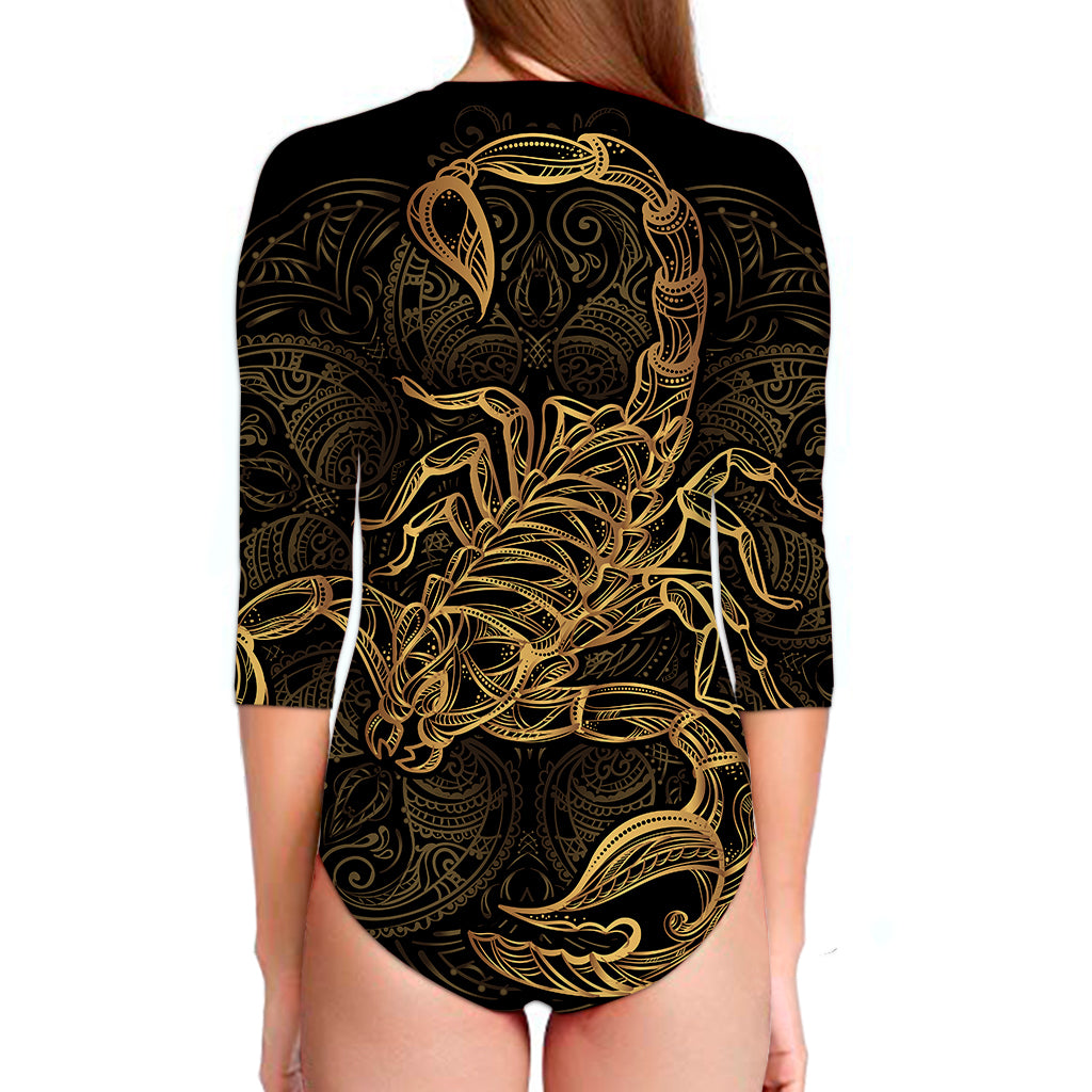 Gold Scorpio Print Long Sleeve Swimsuit