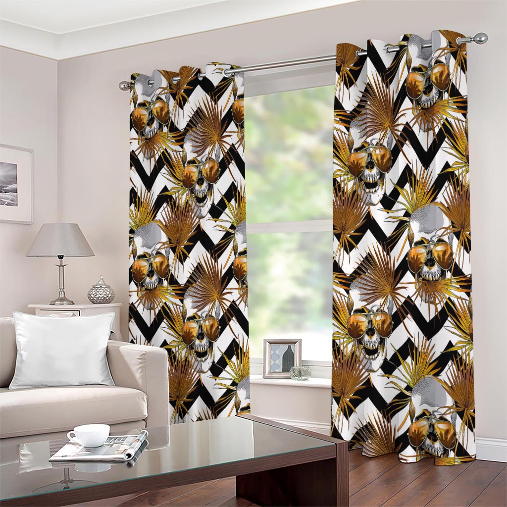 Gold Tropical Skull Pattern Print Extra Wide Grommet Curtains