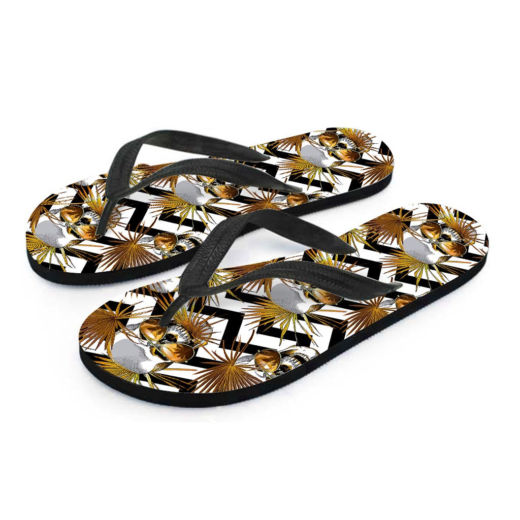 Gold Tropical Skull Pattern Print Flip Flops