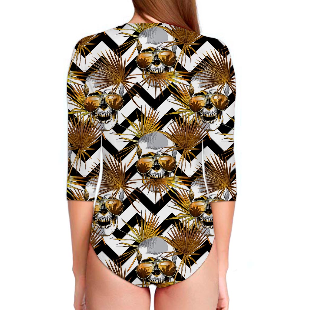 Gold Tropical Skull Pattern Print Long Sleeve Swimsuit