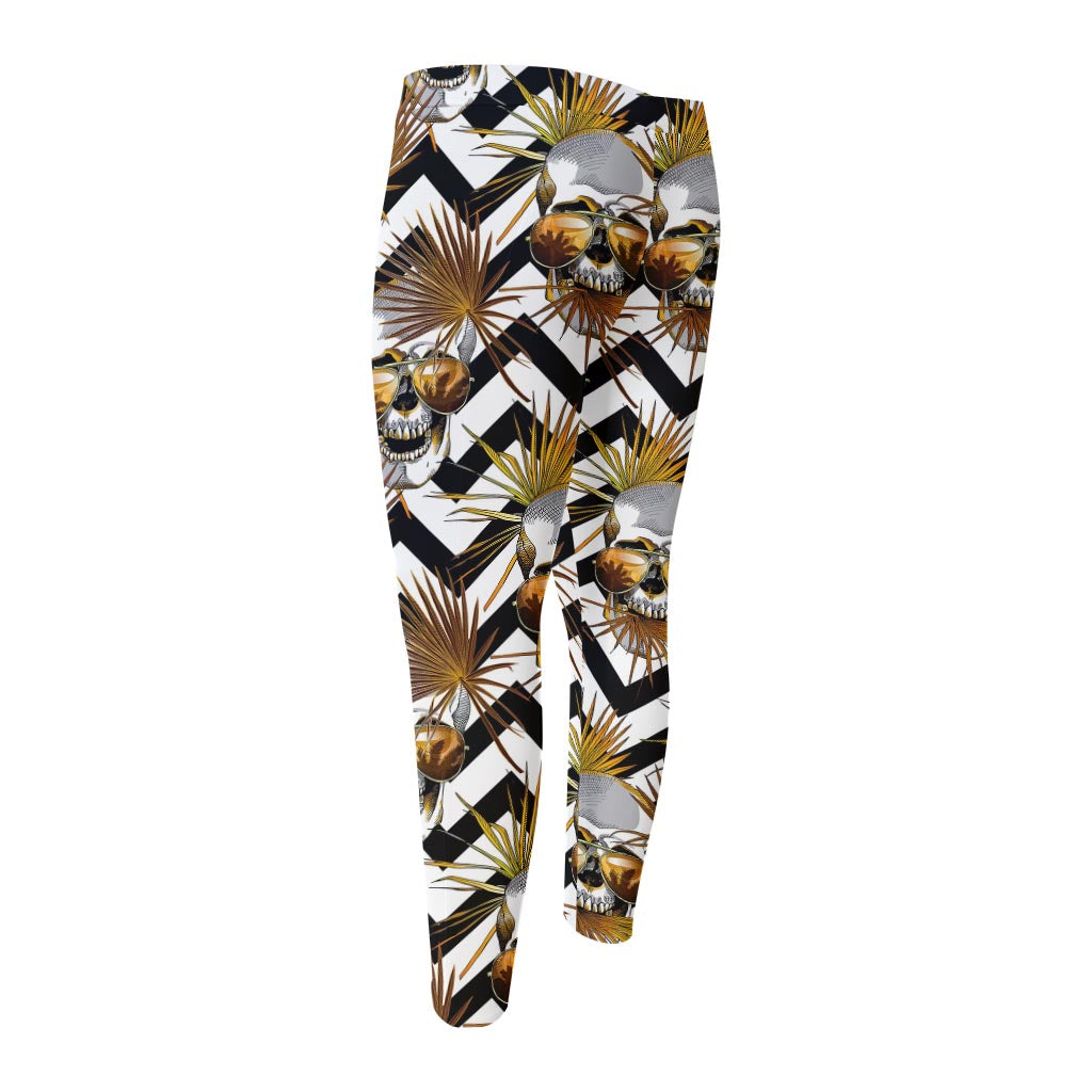 Gold Tropical Skull Pattern Print Men's Compression Pants