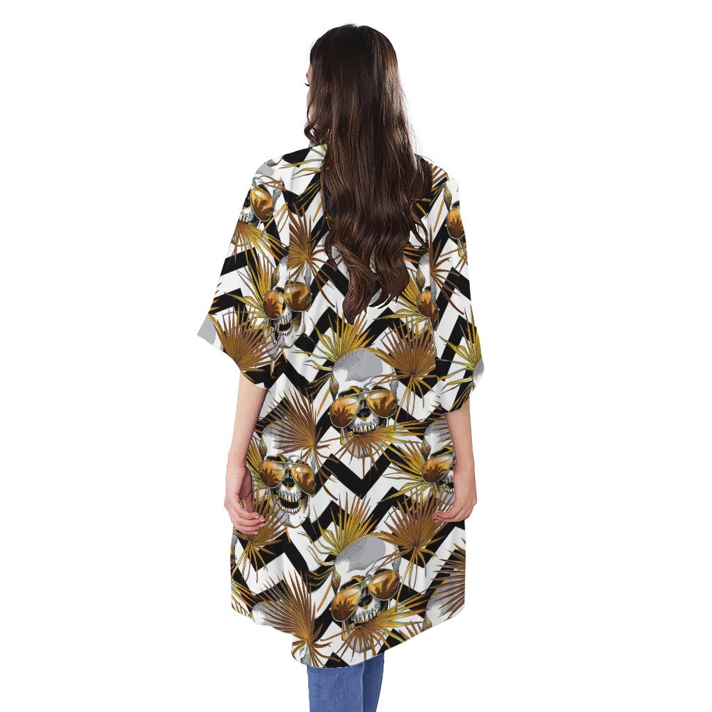 Gold Tropical Skull Pattern Print Open Front Beach Cover Up
