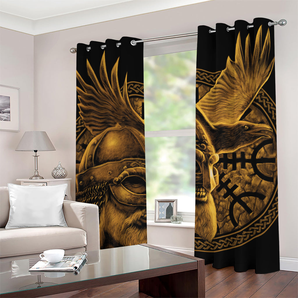 Gold Viking God Odin And Crow Print Grommet Curtains