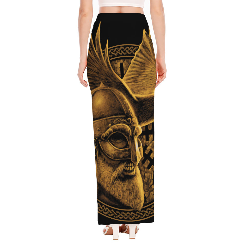 Gold Viking God Odin And Crow Print High Slit Maxi Skirt