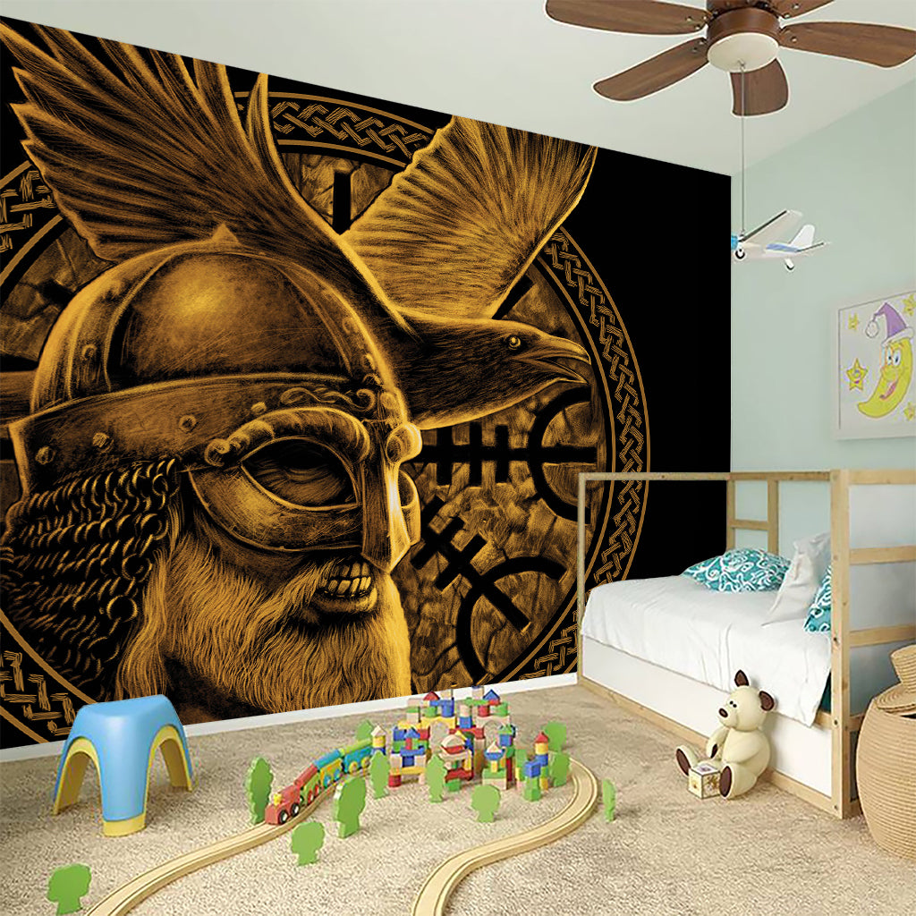 Gold Viking God Odin And Crow Print Wall Sticker