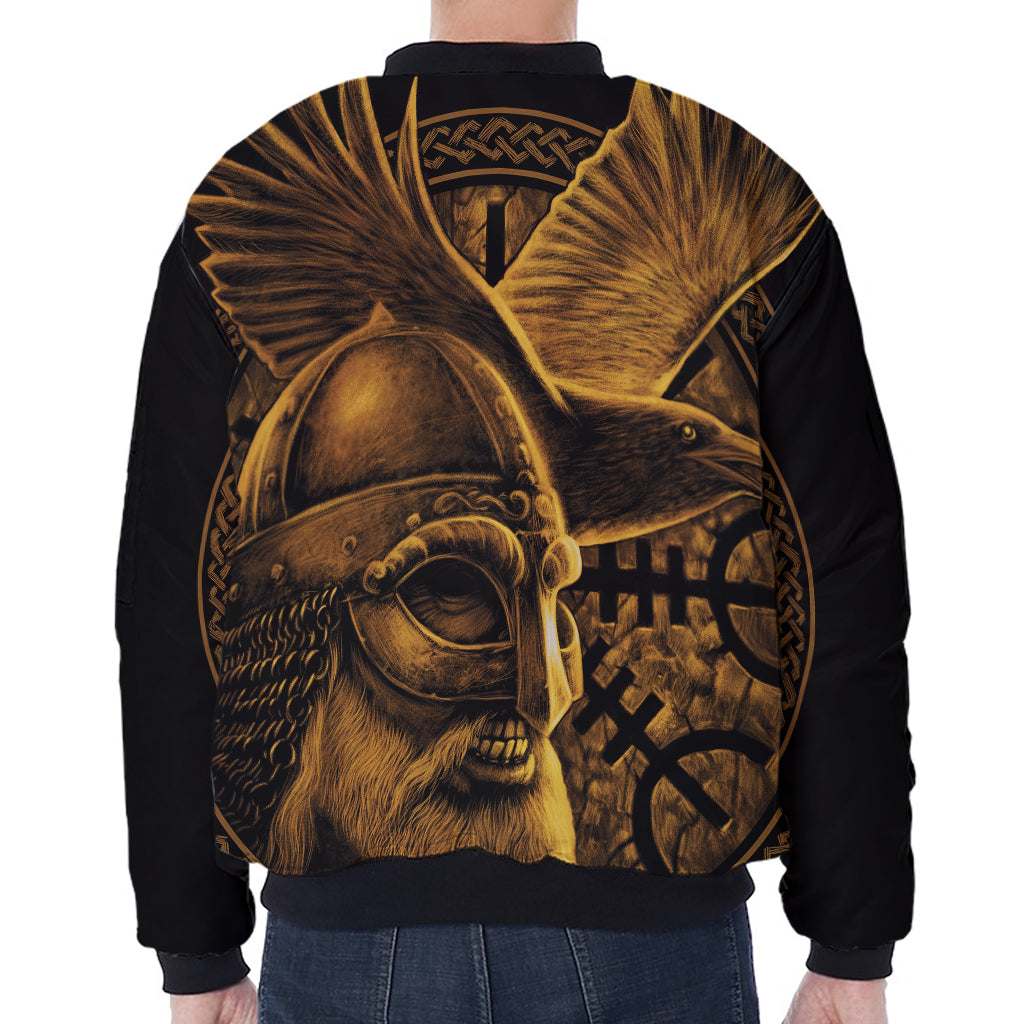 Gold Viking God Odin And Crow Print Zip Sleeve Bomber Jacket