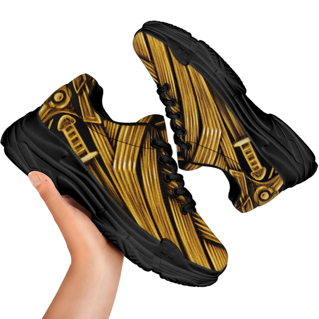 Gold Viking Norse God Odin Print Black Chunky Shoes