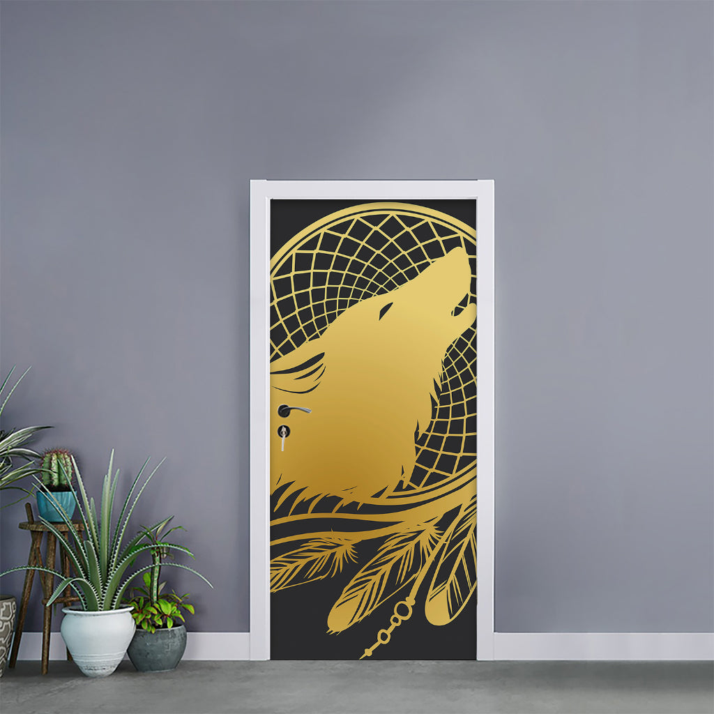 Golden Bohemian Howling Wolf Print Door Sticker