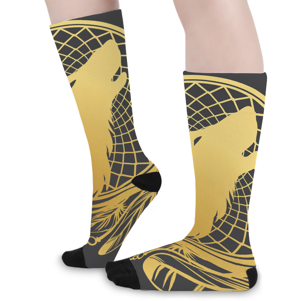 Golden Bohemian Howling Wolf Print Long Socks