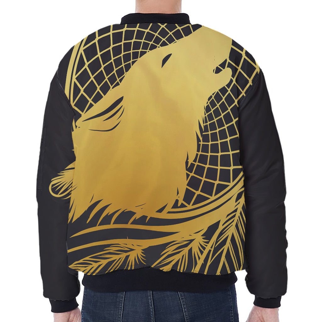 Golden Bohemian Howling Wolf Print Zip Sleeve Bomber Jacket