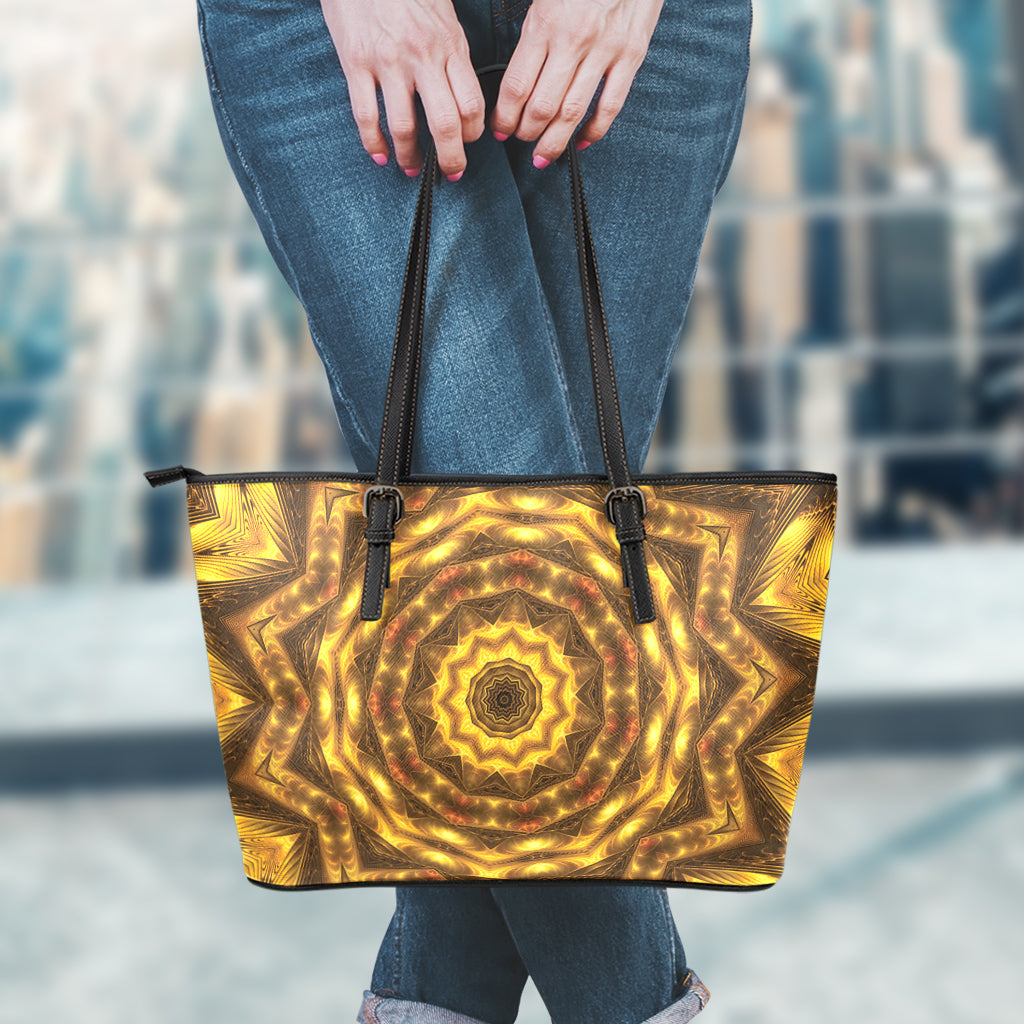 Golden Kaleidoscope Print Leather Tote Bag