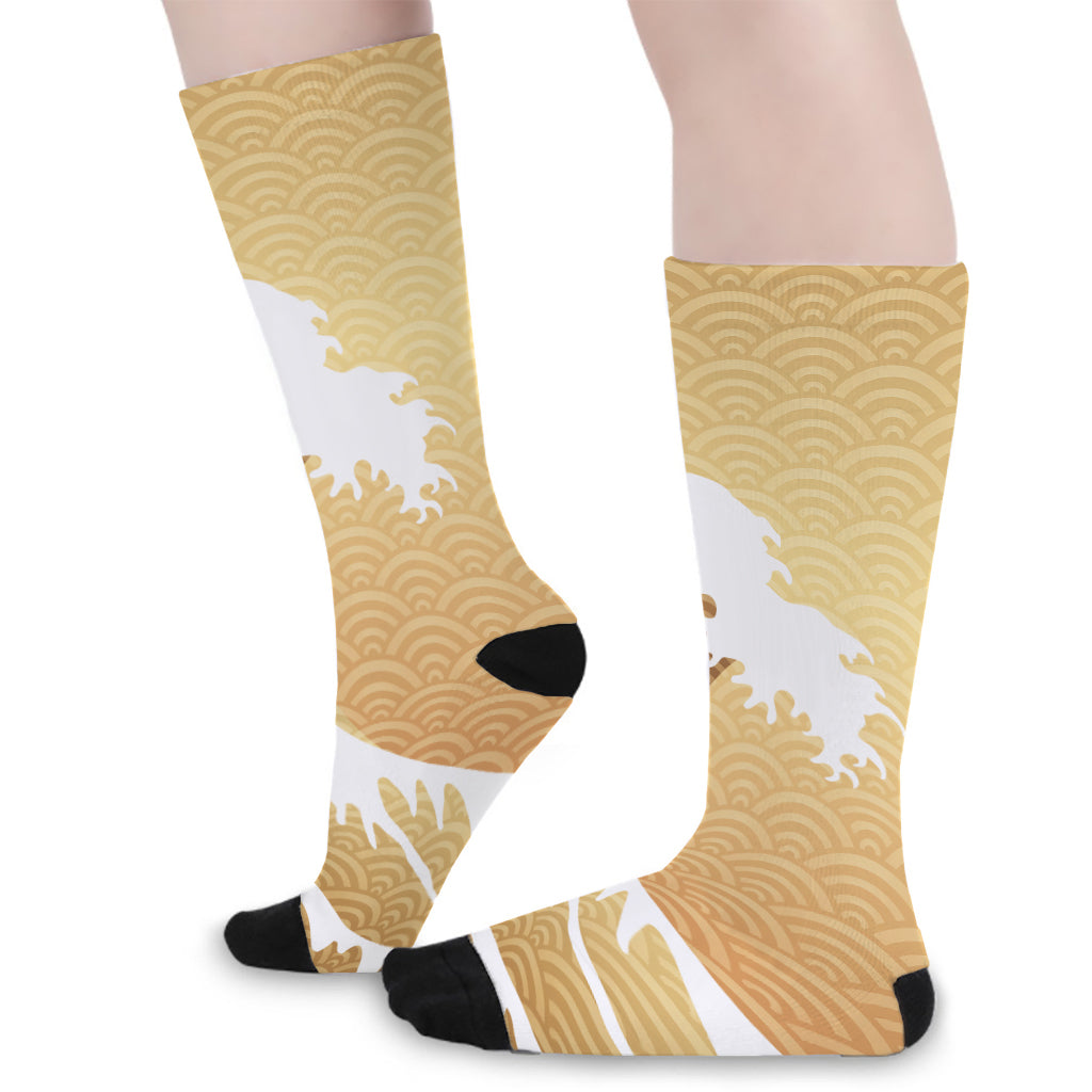 Golden Kanagawa Wave Print Long Socks