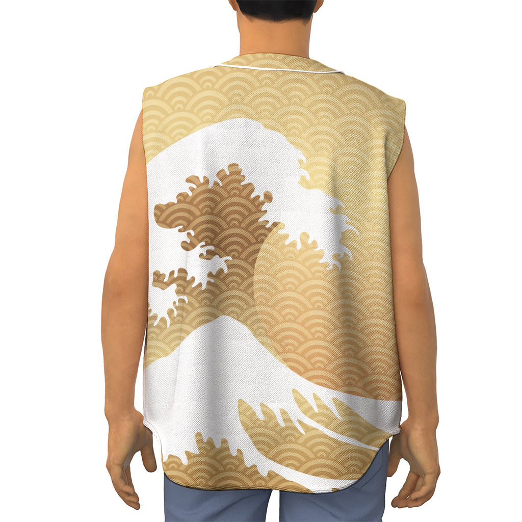 Golden Kanagawa Wave Print Sleeveless Baseball Jersey