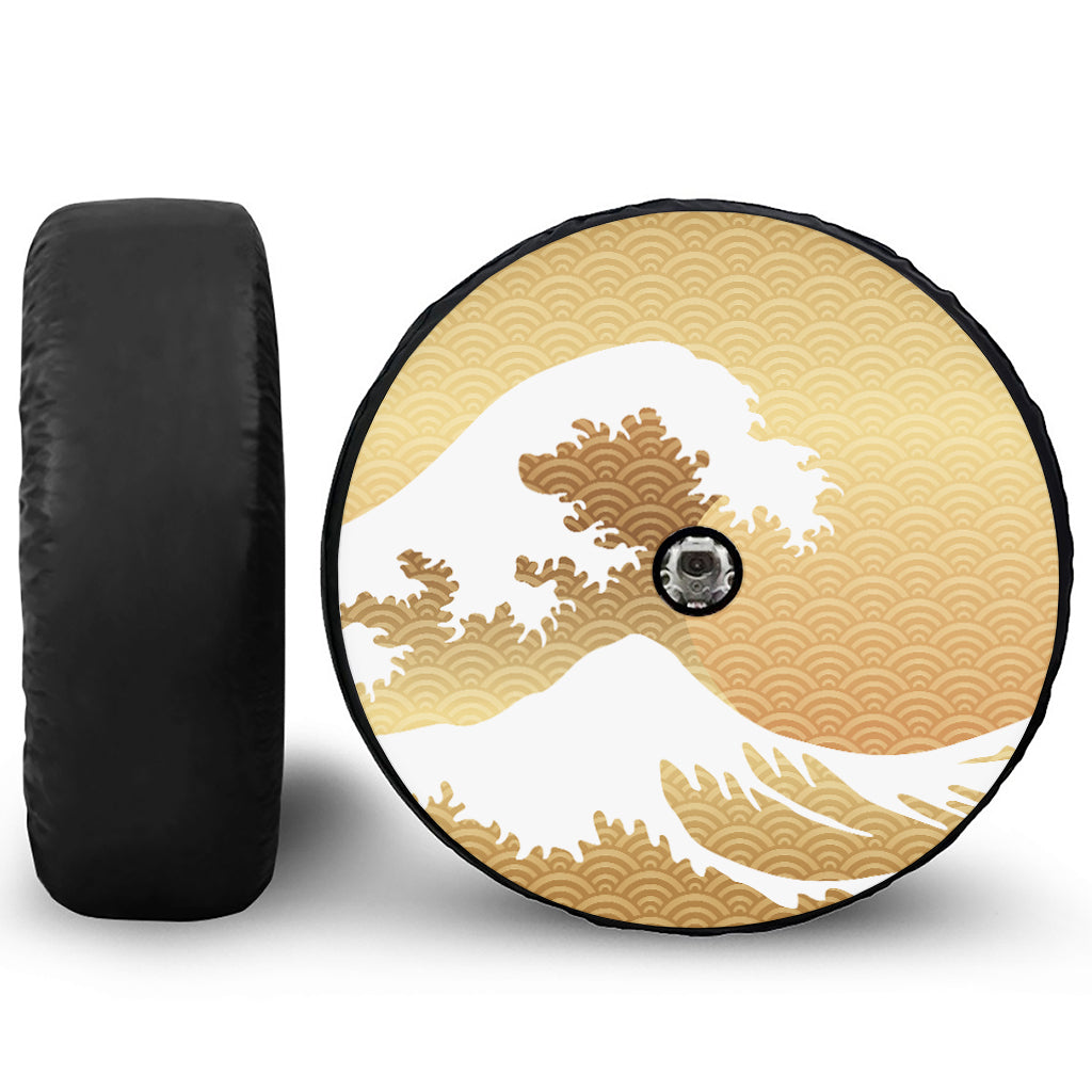 Golden Kanagawa Wave Print Tire Cover With Camera Hole