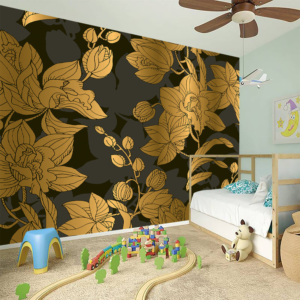 Golden Orchid Pattern Print Wall Sticker