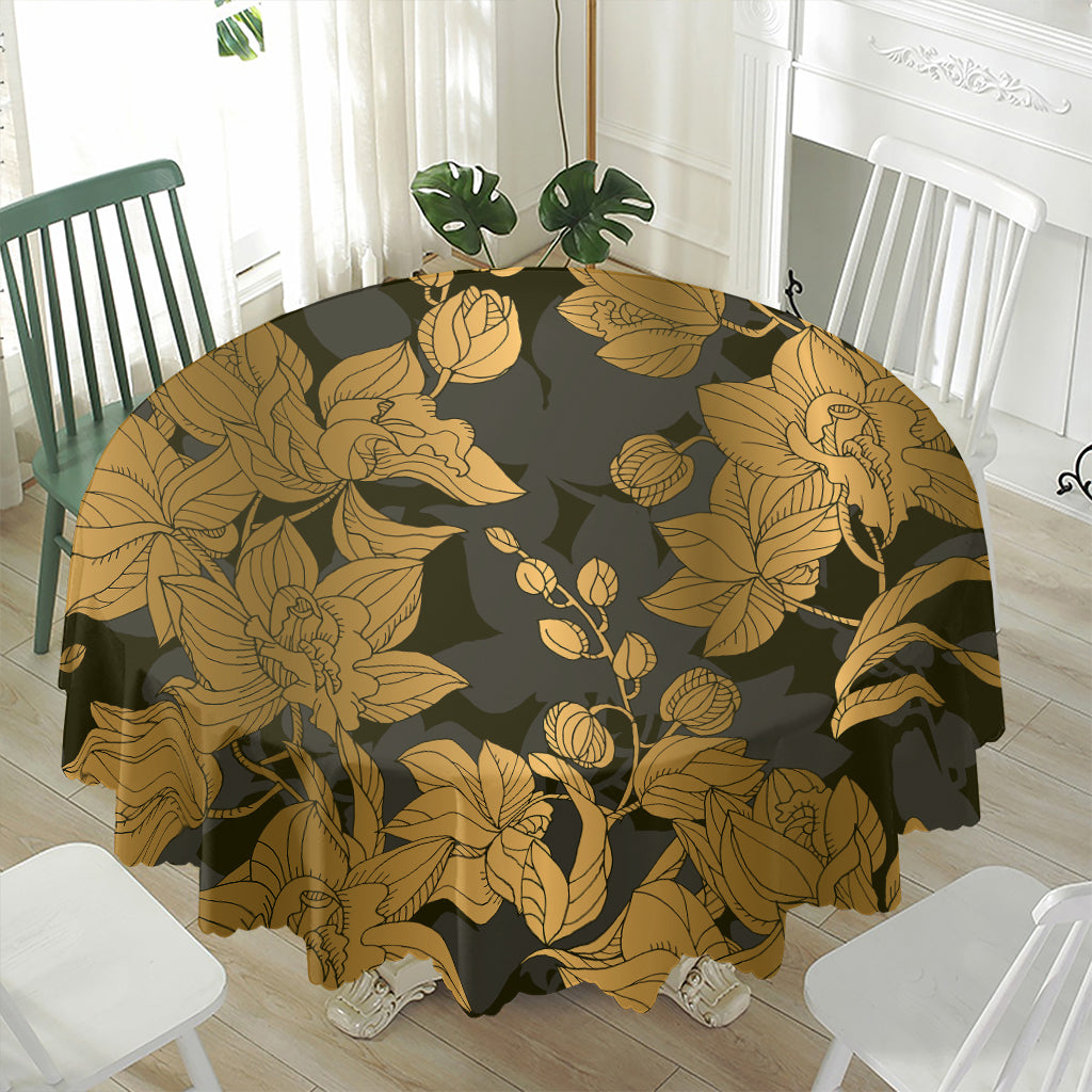 Golden Orchid Pattern Print Waterproof Round Tablecloth
