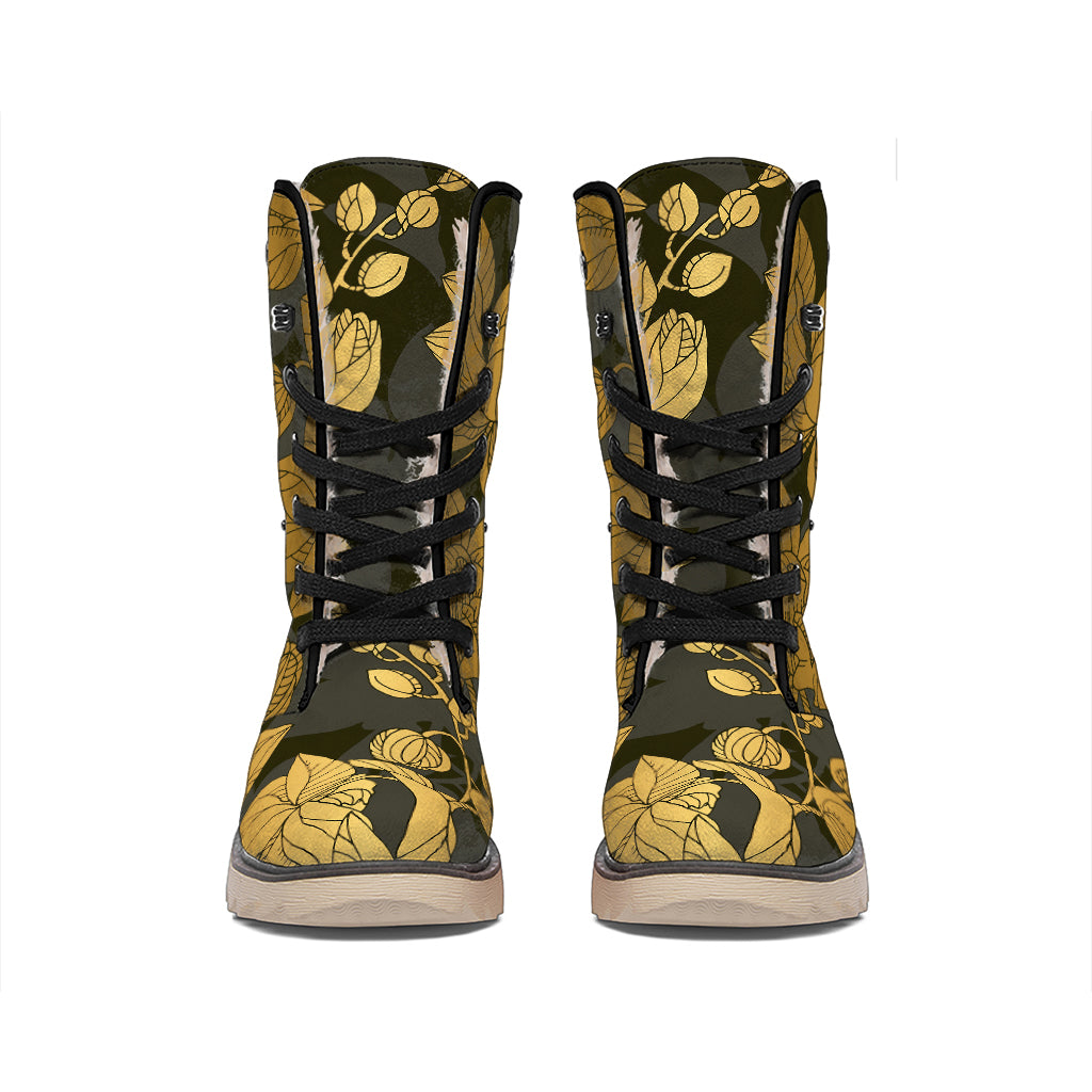 Golden Orchid Pattern Print Winter Boots