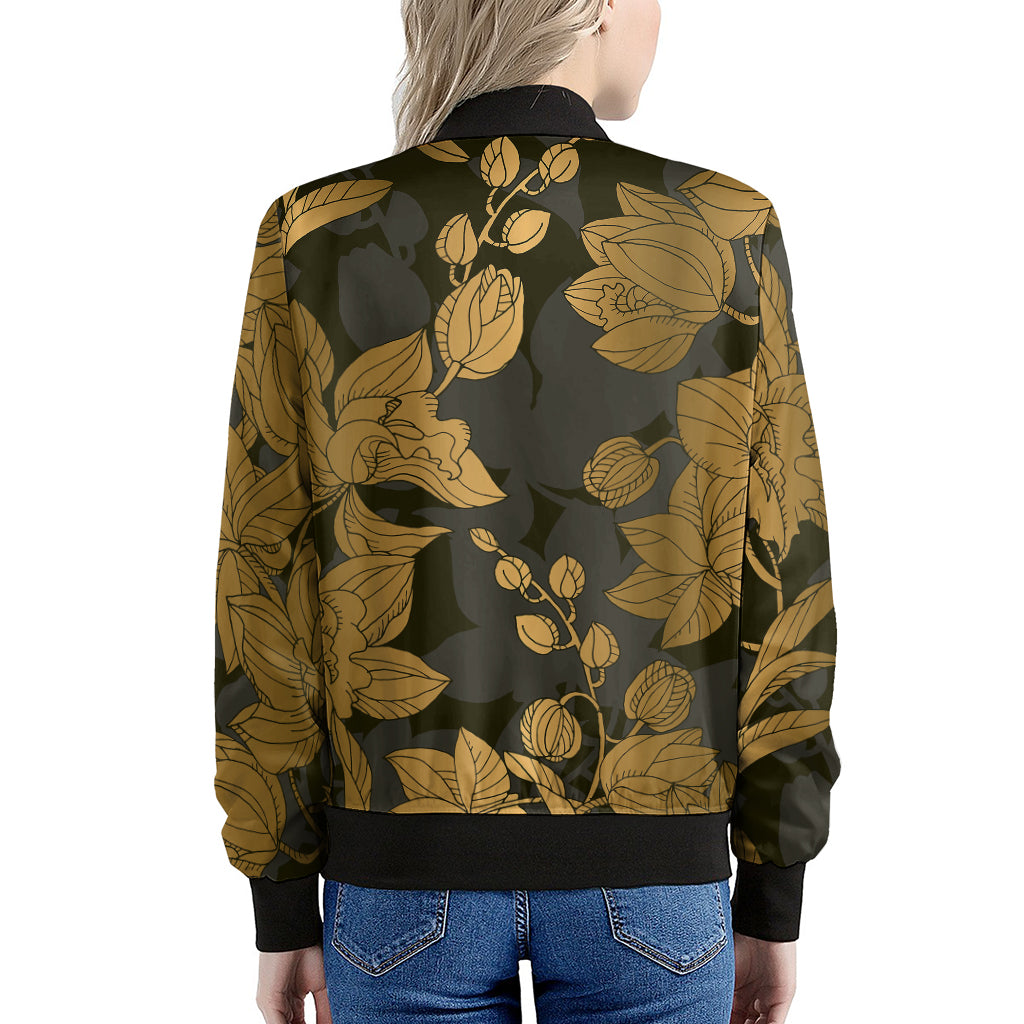 Golden Orchid Pattern Print Women's Bomber Jacket