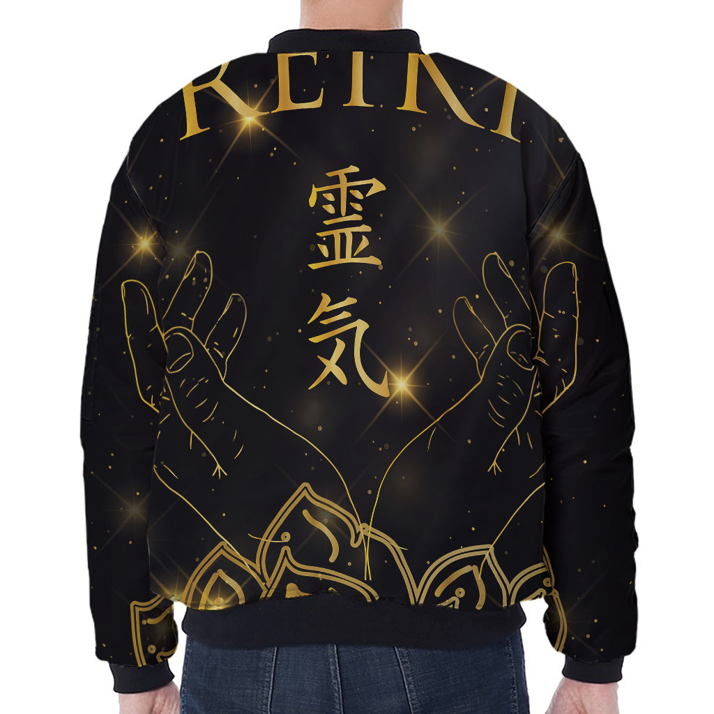 Golden Reiki Print Zip Sleeve Bomber Jacket