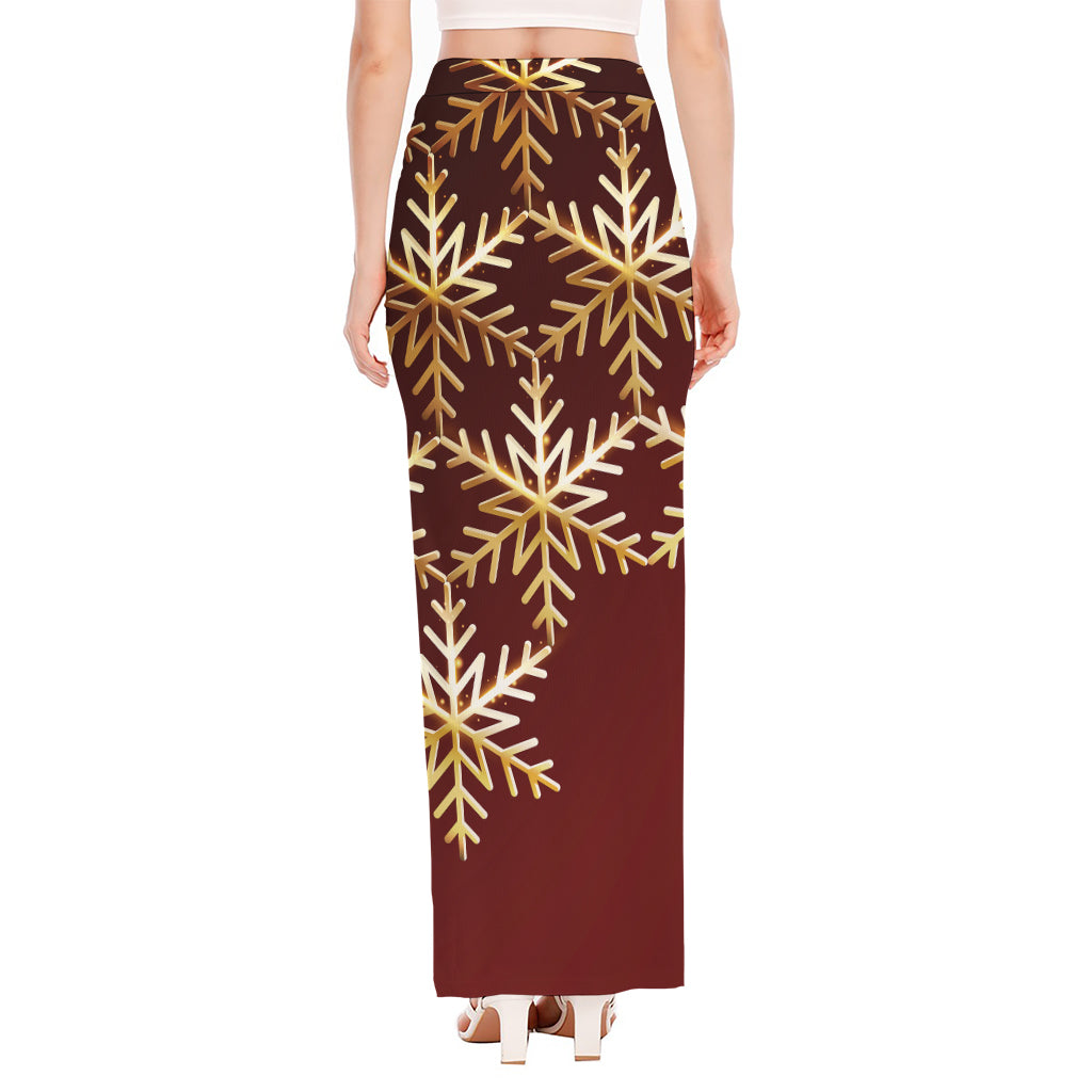 Golden Snowflake Print High Slit Maxi Skirt
