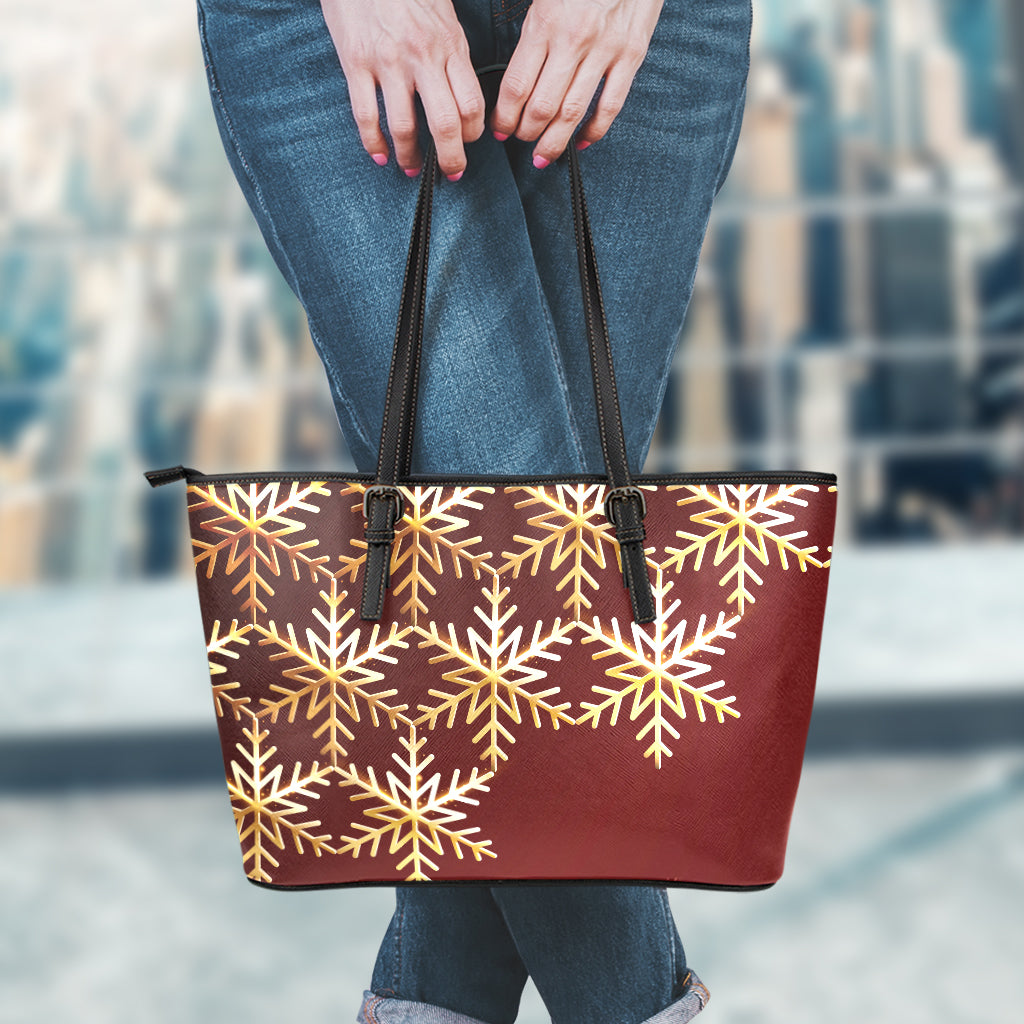 Golden Snowflake Print Leather Tote Bag
