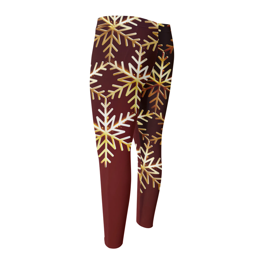 Golden Snowflake Print Men's Compression Pants