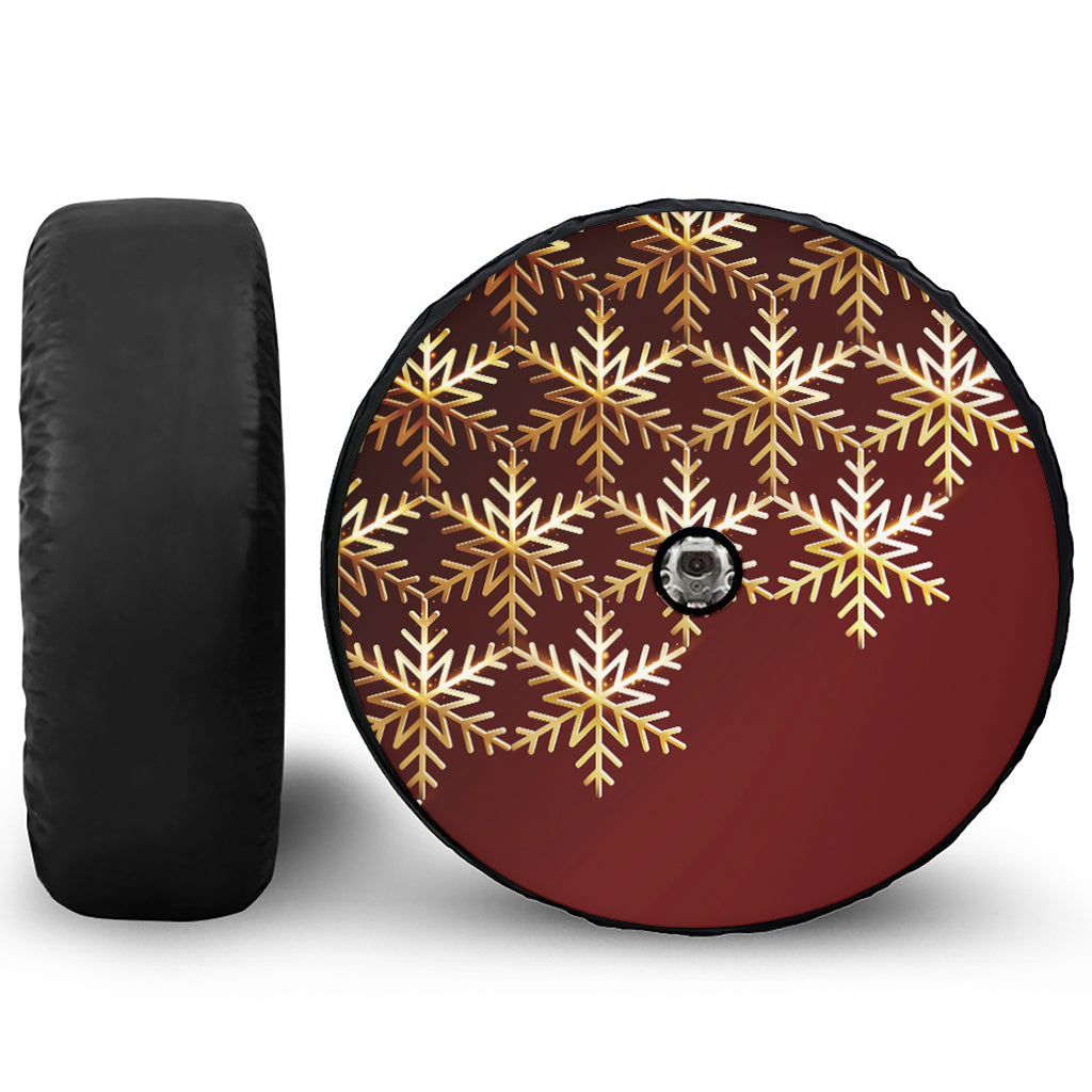 Golden Snowflake Print Tire Cover With Camera Hole
