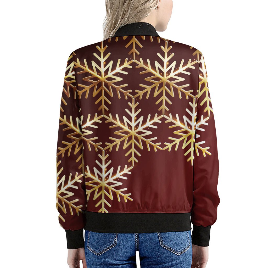Golden Snowflake Print Women's Bomber Jacket