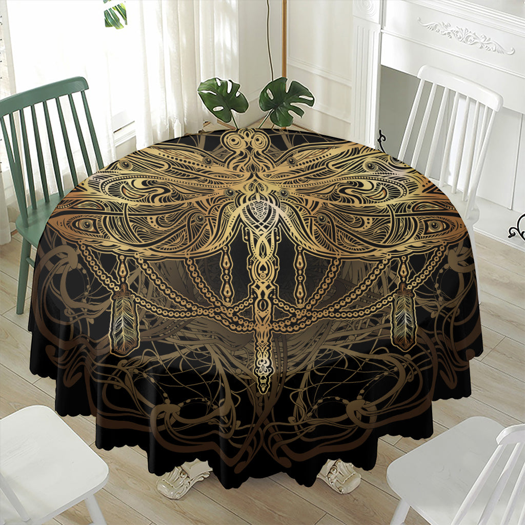 Golden Spiritual Dragonfly Print Waterproof Round Tablecloth
