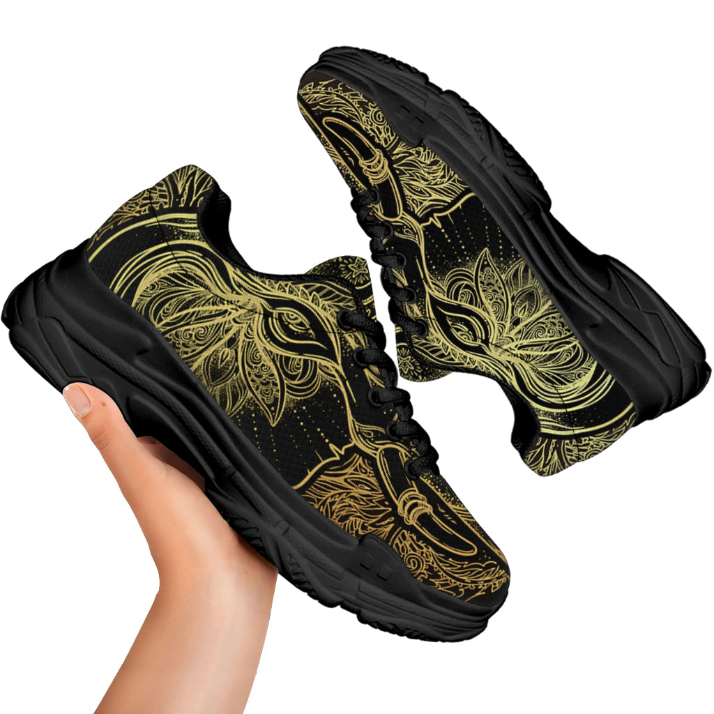 Golden Spiritual Elephant Print Black Chunky Shoes