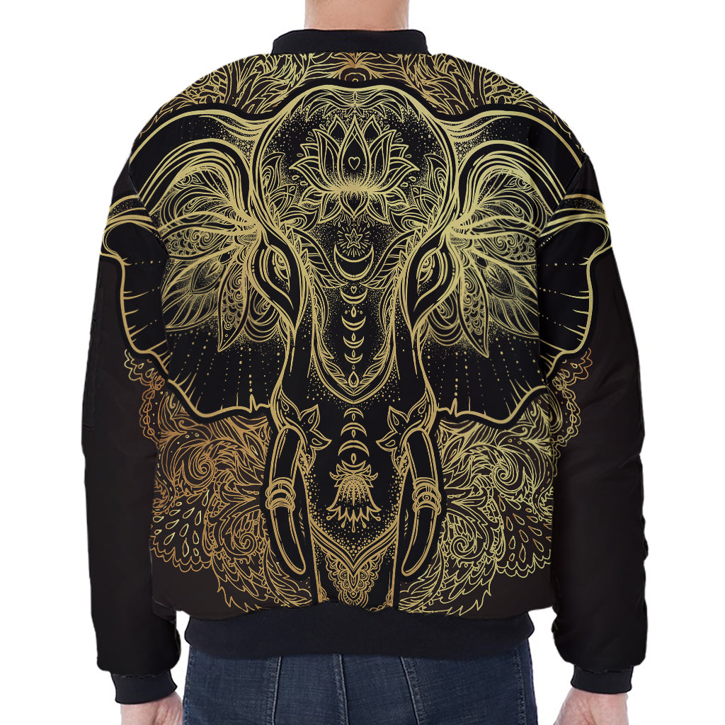 Golden Spiritual Elephant Print Zip Sleeve Bomber Jacket