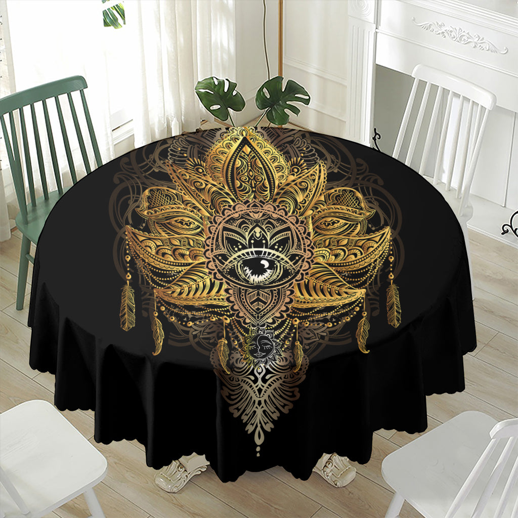 Golden Spiritual Lotus Print Waterproof Round Tablecloth